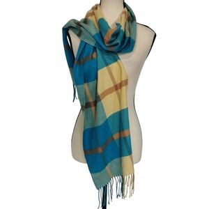 Italy Design Faux Cashmere Teal Blue & Yellow Fringed Scarf